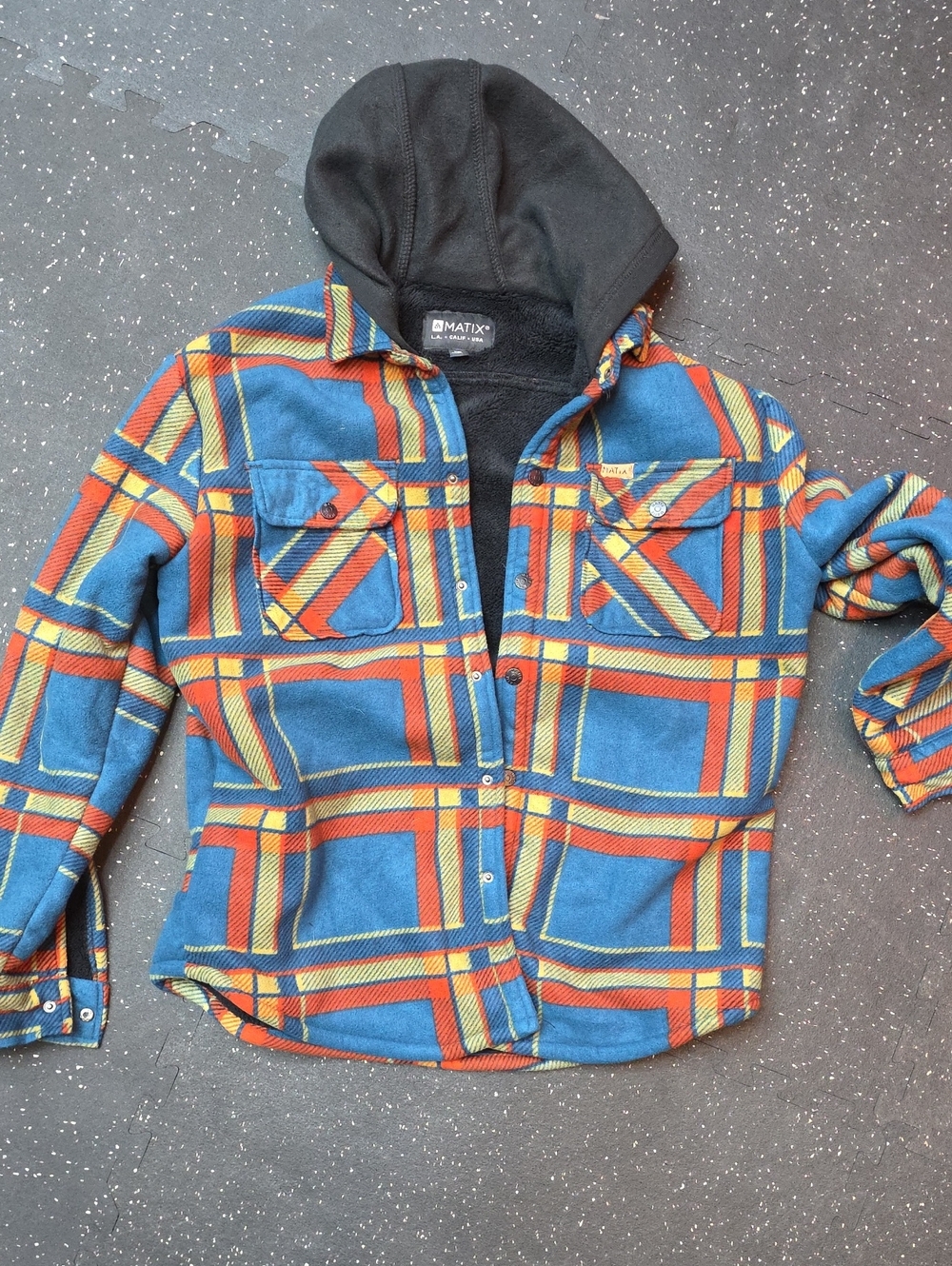 Matix Mens Blue and Orange Plaid Hooded Jacket
